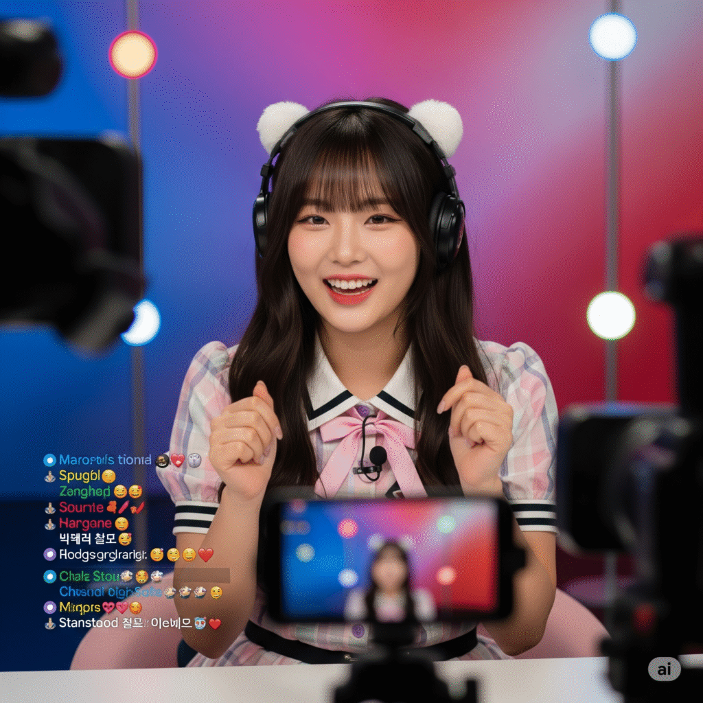 인기 여자 BJ 스트리머가 실시간으로 사용자와 채팅하며 콘텐츠를 제작하는 장면 인기 여자 BJ 스트리머가 실시간으로 사용자와 채팅하며 콘텐츠를 제작하는 장면