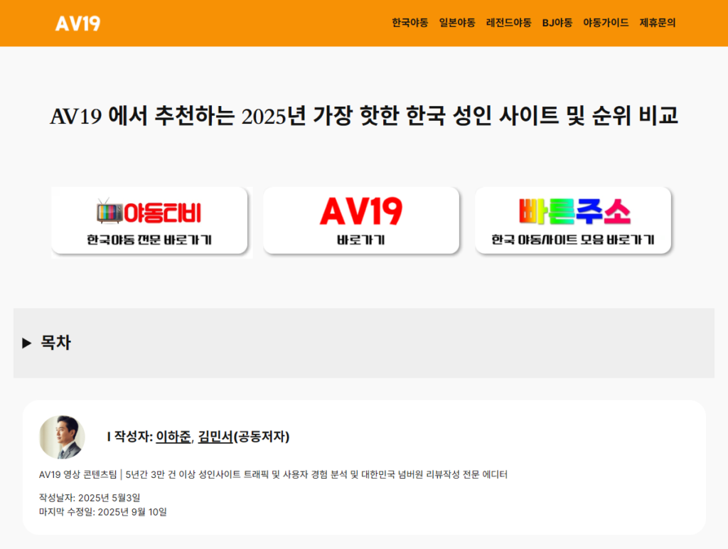 감각적인 색감과 세련된 인터페이스를 강조한 AV19 사이트 랜딩 메인 페이지.