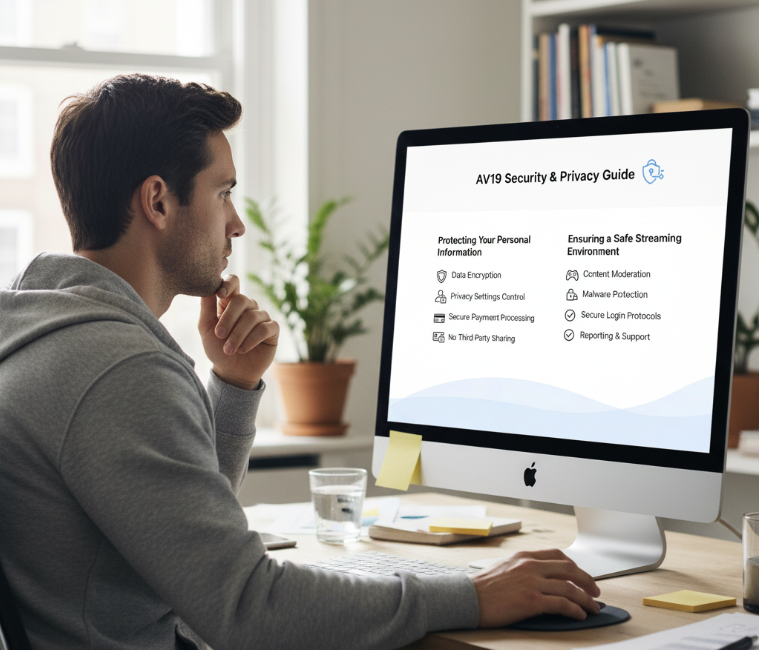 AV19의 보안 관련 페이지 스크린샷. 개인정보 보호와 안전한 스트리밍 환경을 강조하는 깔끔한 디자인의 안내 페이지.