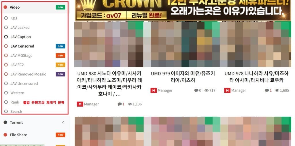 AVseeTV 카테고리 메뉴 확대 스크린샷. 불법 콘텐츠의 체계적 분류를 보여주고 있다.